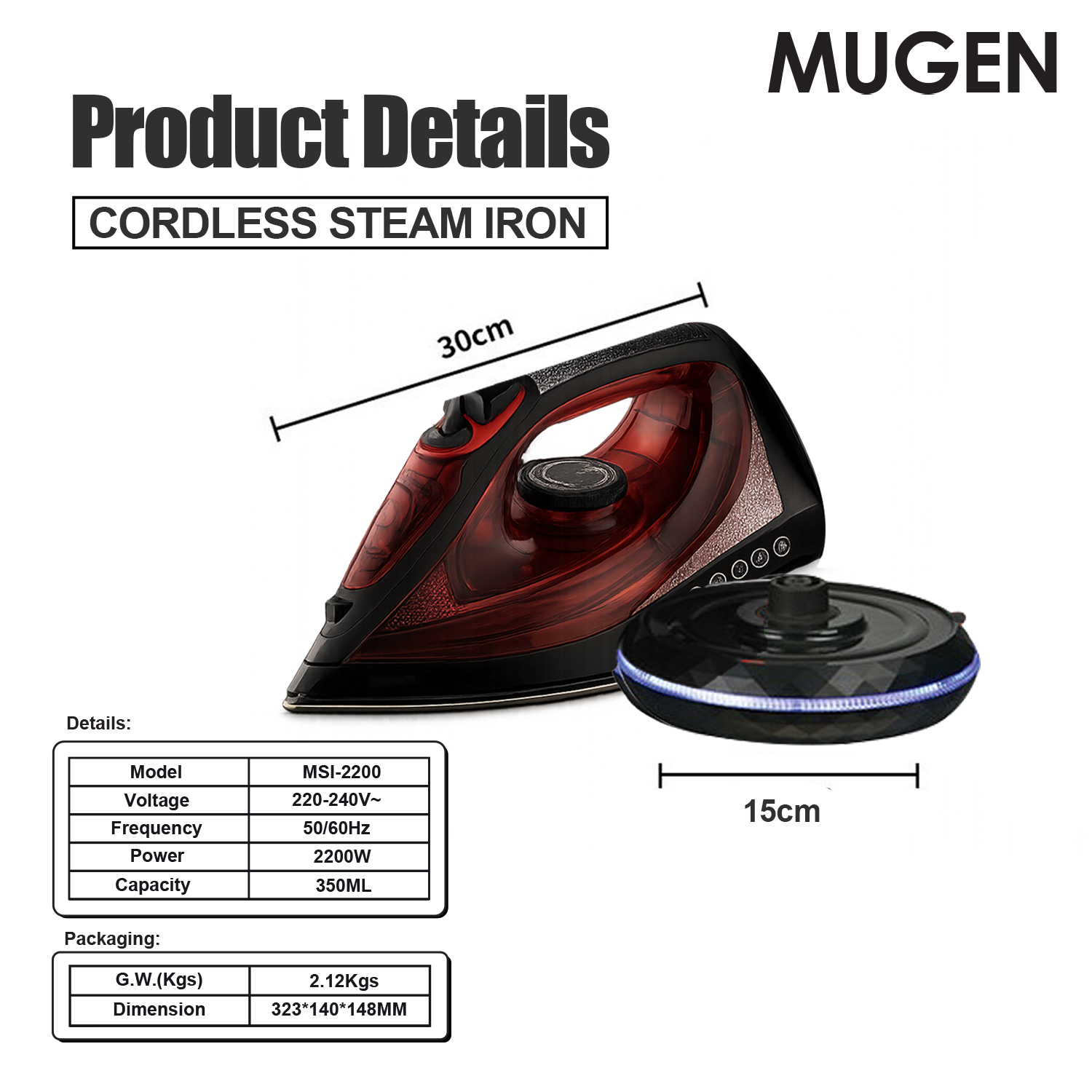 MUGEN CORDLESS STEAM IRON PRODUCT MEASUREMENT