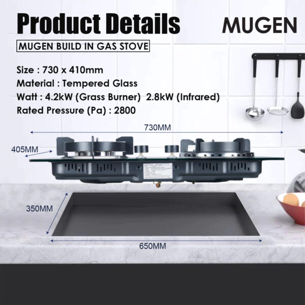 MUGEN Tempered Glass Built In Gas Hob / Tabletop Gas Cooker (7kW)