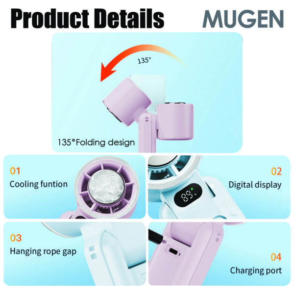 MUGEN Handheld Rechargeable Mini Foldable Portable Fan With Digital Display