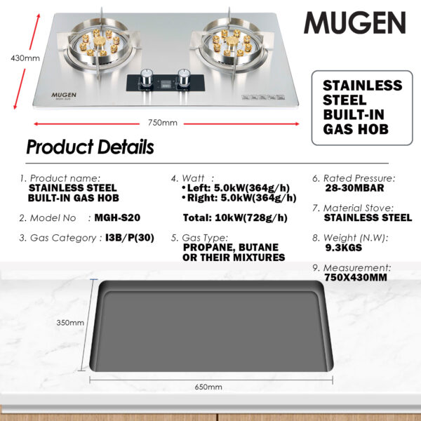 MUGEN Stainless Steel Built In Gas Hob / Tabletop Gas Cooker (10kW)